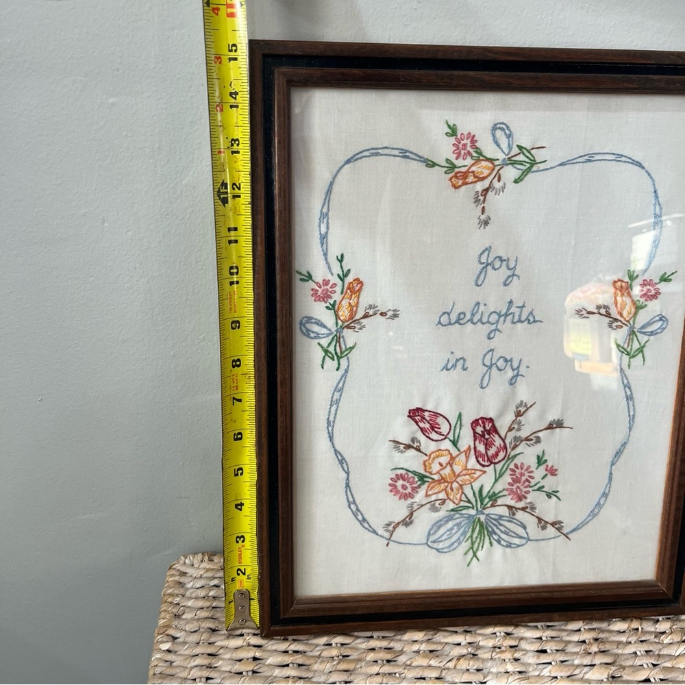 joy delights in joy embroidered framed Piece Flowers 12.5” X 15.5” Grandma Core - Picture 7 of 8